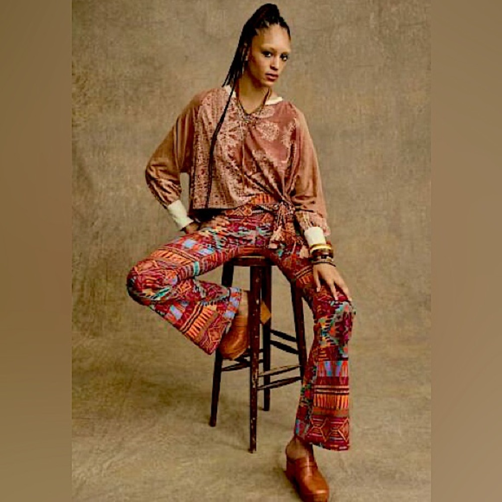 🆕 Free People Pull On Corduroy Printed Flare Pants, Sedona, NWOT, Size 24, 00 - Picture 10 of 11